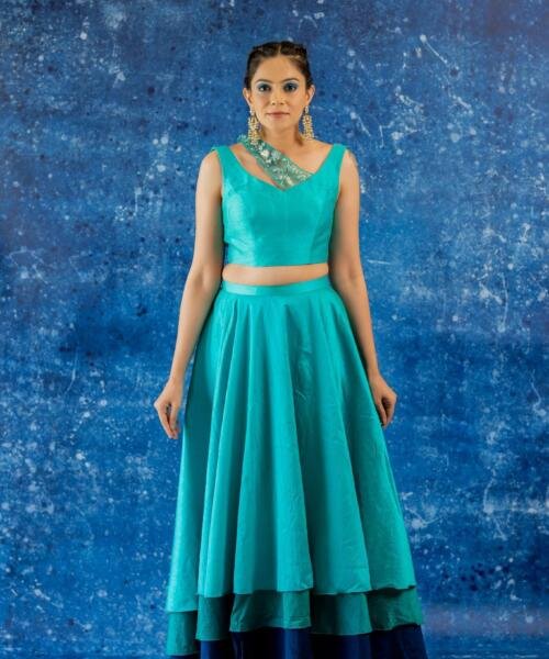3 Tiered Silk Crop Top with Skirt