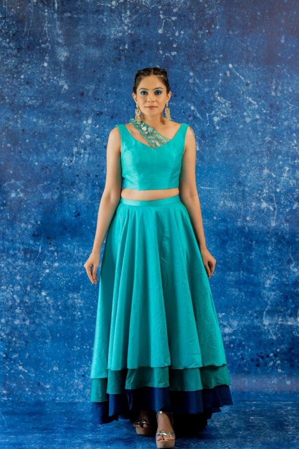 3 Tiered Silk Crop Top with Skirt