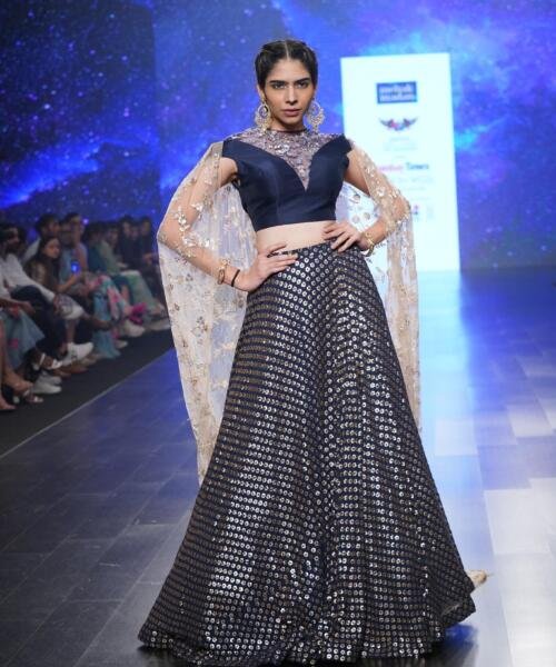 Midnight Blue Lehenga with Veil blouse