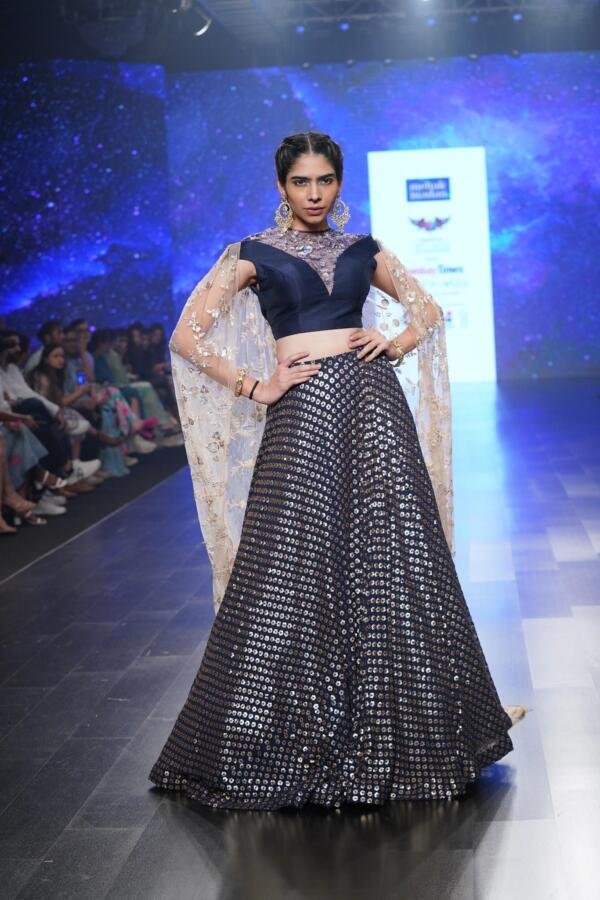 Midnight Blue Lehenga with Veil blouse