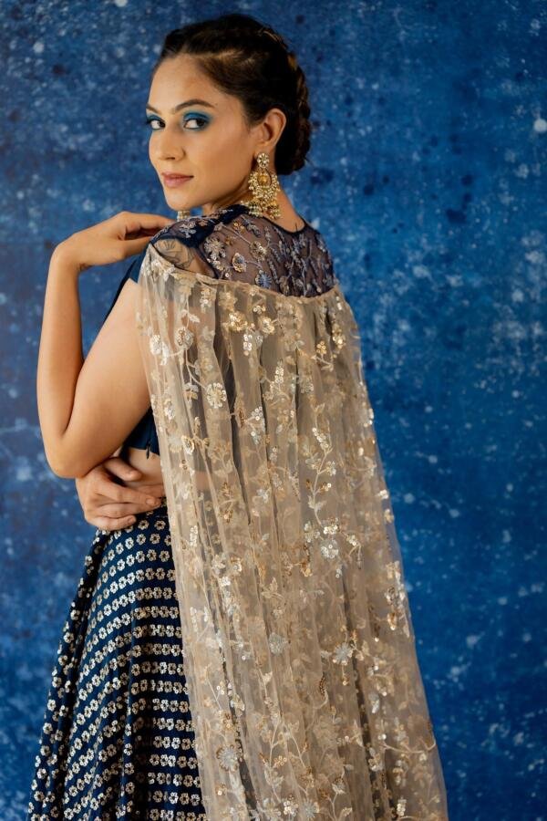 Midnight Blue Lehenga with Veil blouse - Image 2
