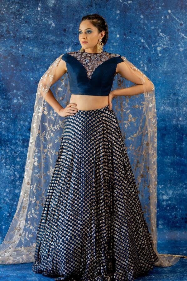 Midnight Blue Lehenga with Veil blouse - Image 5