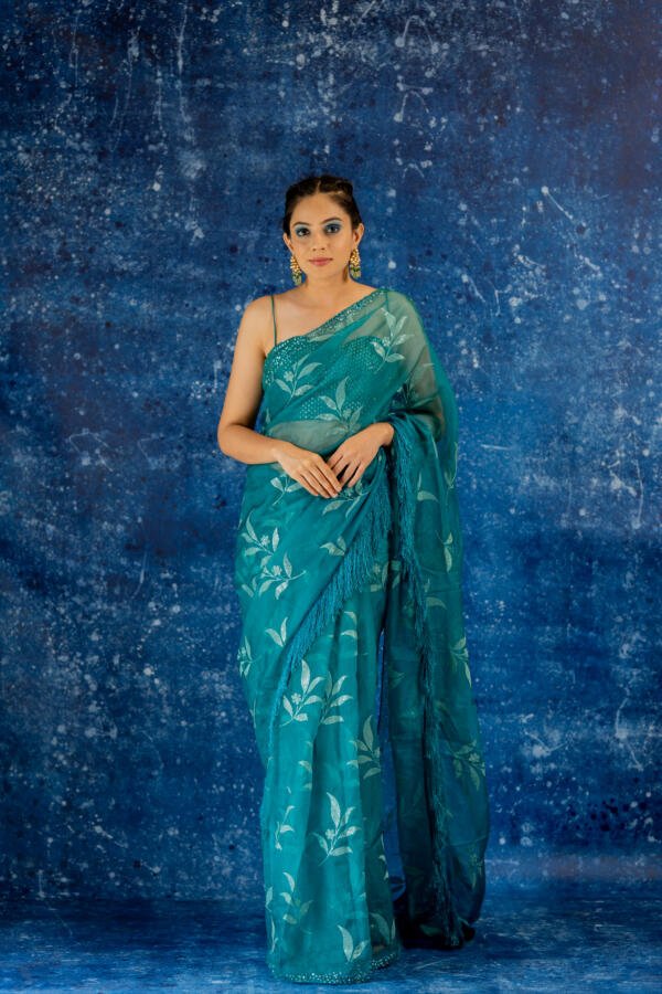 Teal Organza Saree - Image 5