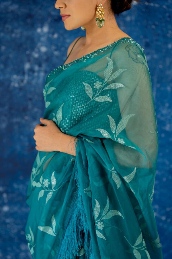 Teal Organza Saree - Image 9
