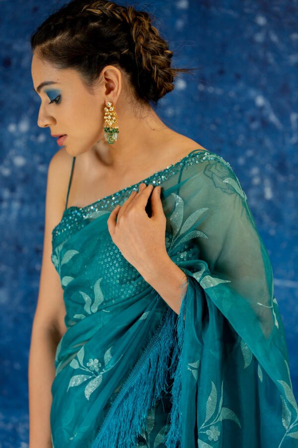 Teal Organza Saree - Image 8