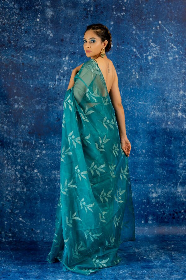 Teal Organza Saree - Image 7