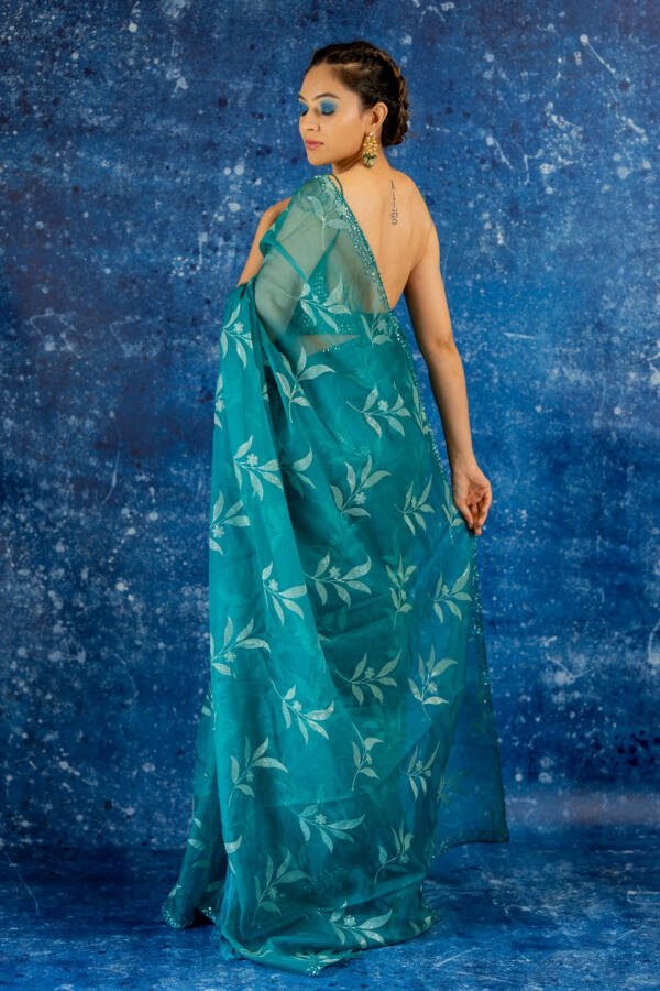 Teal Organza Saree - Image 6