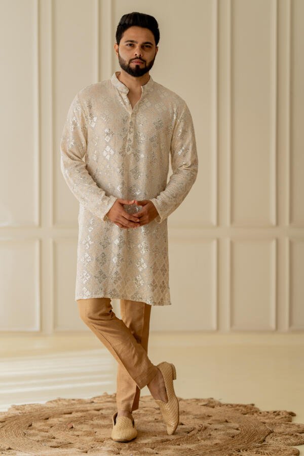 Ivory Kurta With Gold Pants - Image 6