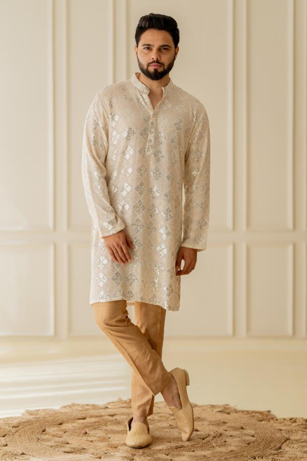 Ivory Kurta With Gold Pants - Image 7