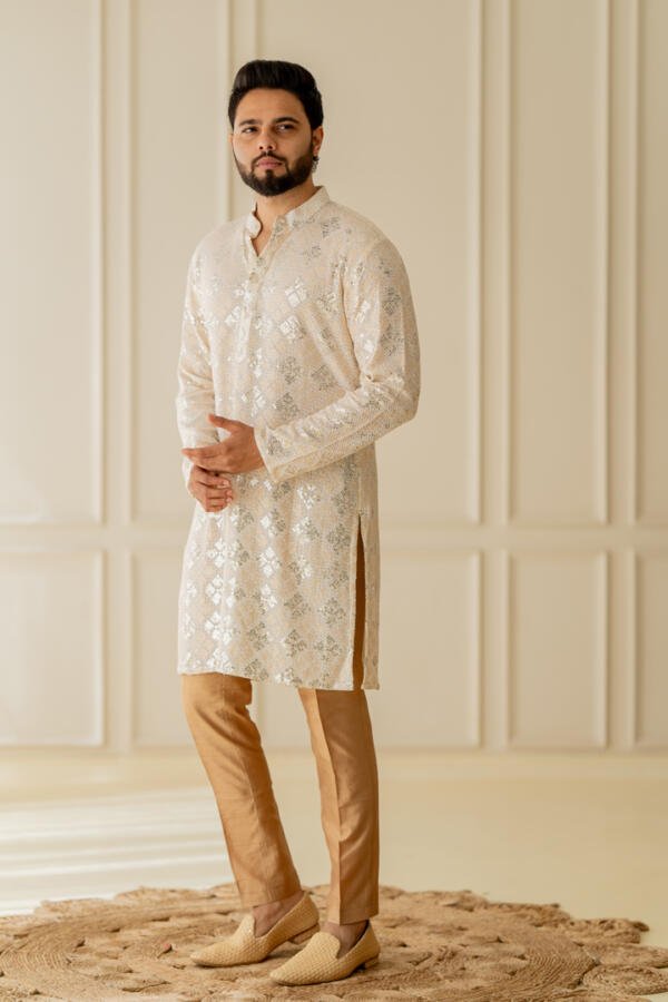 Ivory Kurta With Gold Pants - Image 2