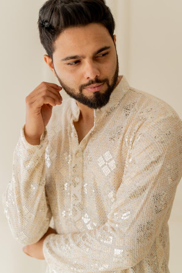 Ivory Kurta With Gold Pants - Image 8