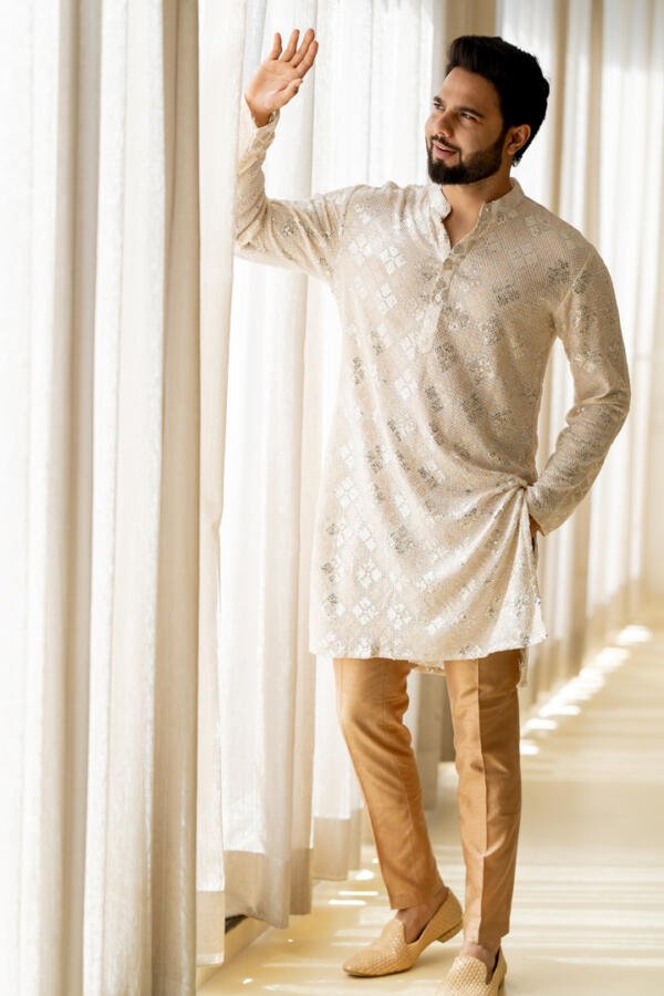 Ivory Kurta With Gold Pants - Image 9