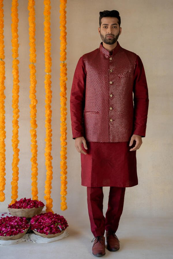 Ruby red Bundi & Silk Kurta Set - Image 3