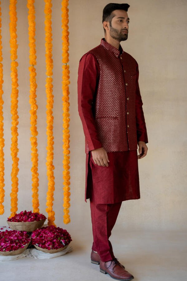 Ruby red Bundi & Silk Kurta Set - Image 4
