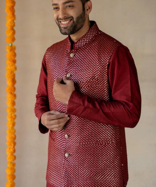 Ruby red Bundi & Silk Kurta Set