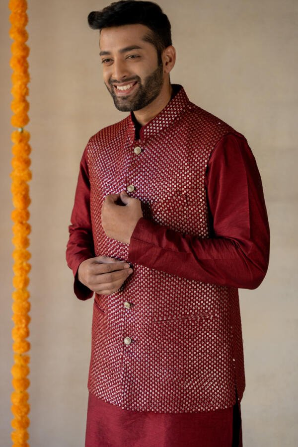 Ruby red Bundi & Silk Kurta Set