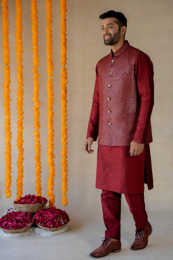 Ruby red Bundi & Silk Kurta Set - Image 7