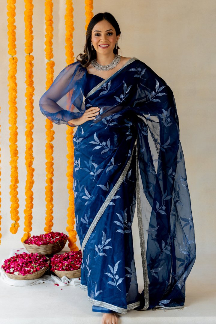 Midnight blue Organza Saree - Image 2