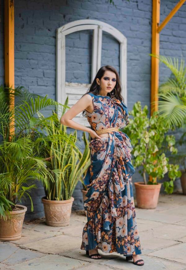 Chanderi Ruffle Saree - Image 4
