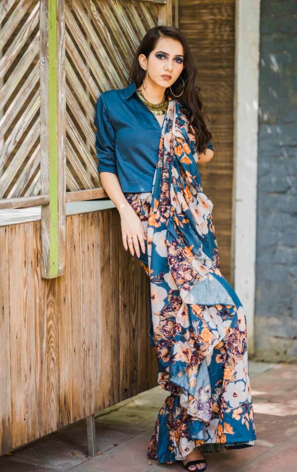 Chanderi Ruffle Saree with Shirt - Image 2