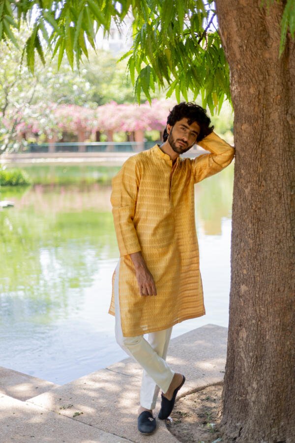 Yellow Silk Kurta Pant Set - Image 2