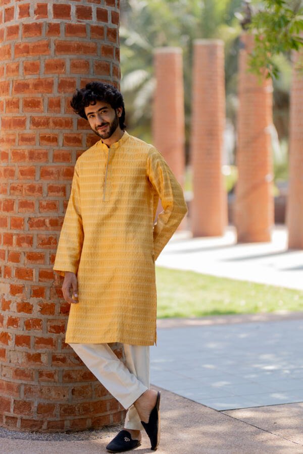 Yellow Silk Kurta Pant Set - Image 4
