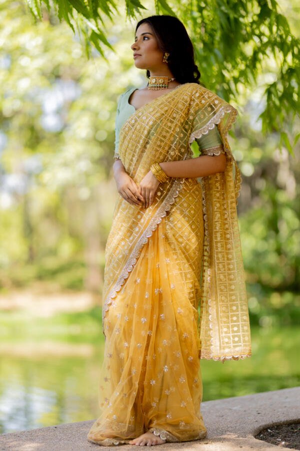 Yellow Patterned Saree Set - Image 3