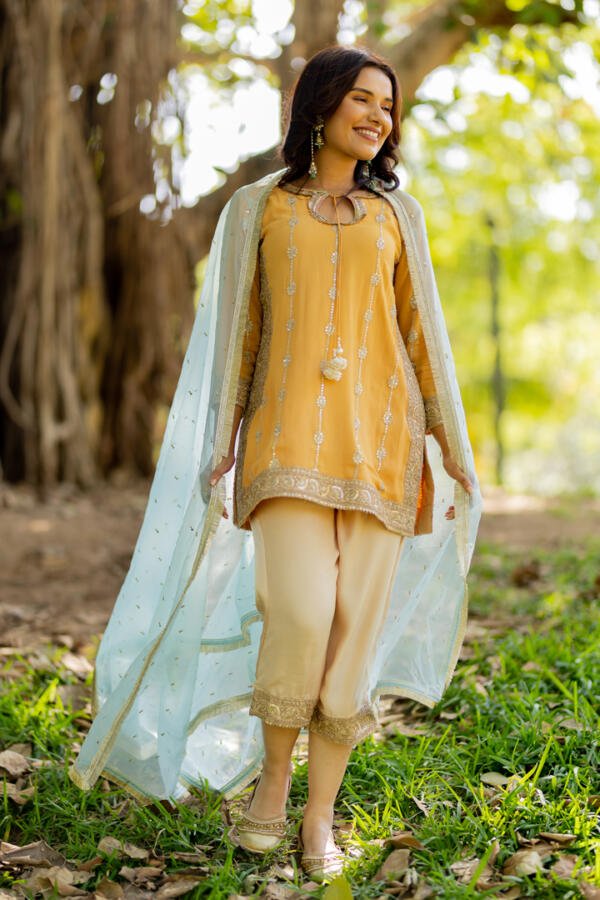 Yellow Kurta Dupatta Pant Set - Image 3