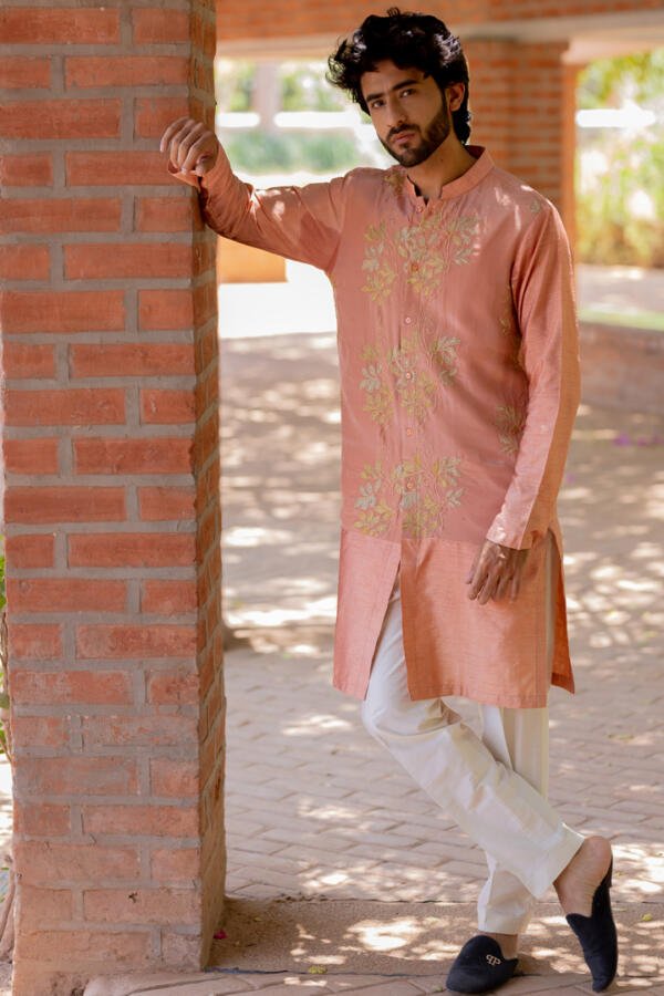 Salmon Pink Kurta Pant Set - Image 2
