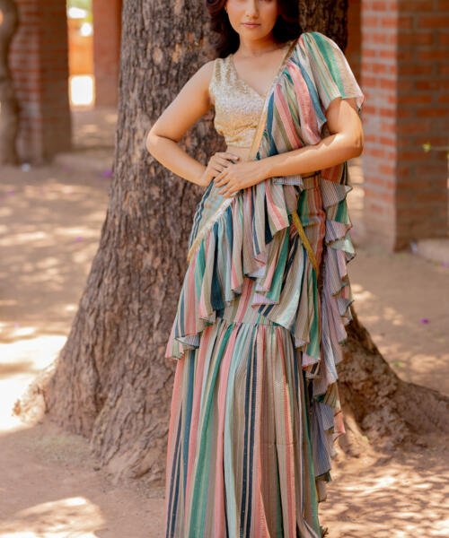 Multi Hues Draped Saree Gown