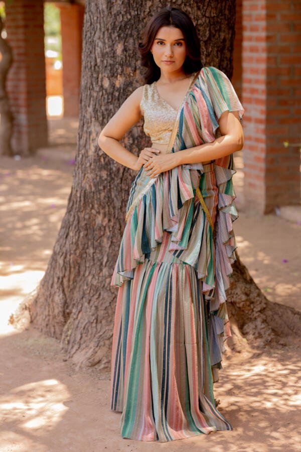 Multi Hues Draped Saree Gown
