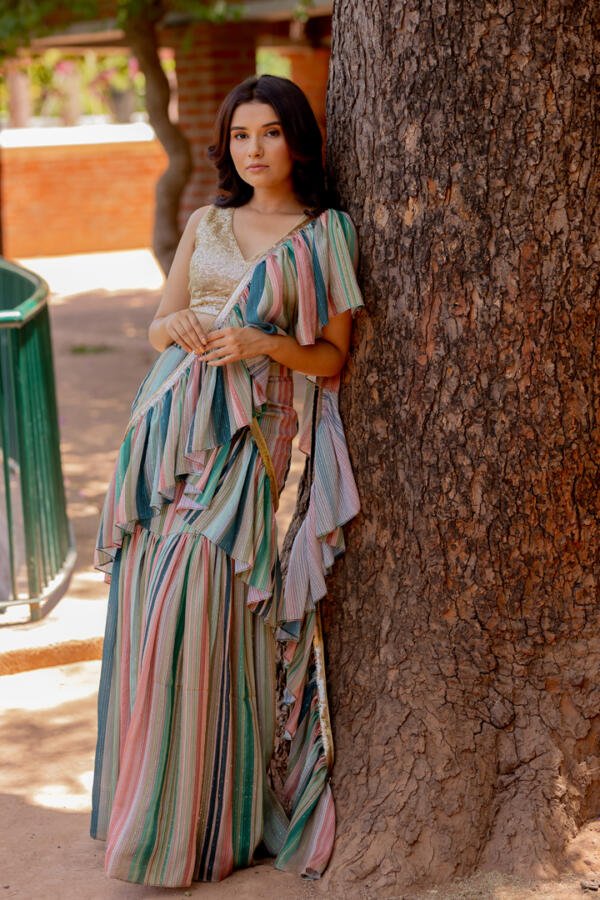 Multi Hues Draped Saree Gown - Image 4